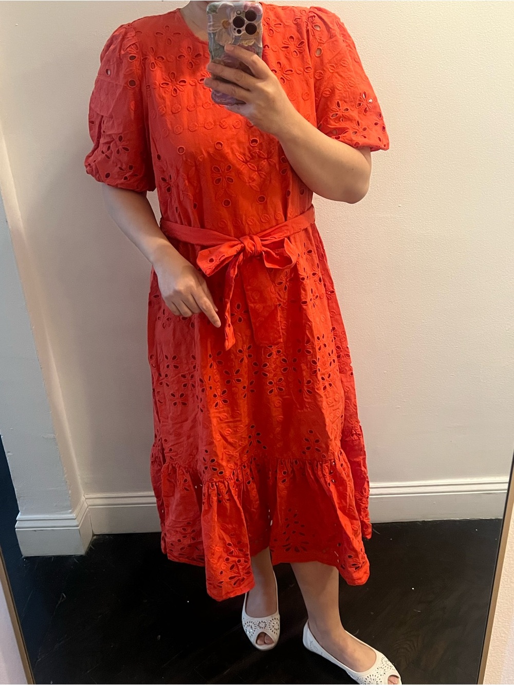 Ann Taylor Red Eyelet Midi Dress with Tie Waist